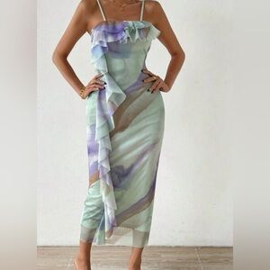 NWOT Brush Print Ruffle Trim Mesh Cami Dress